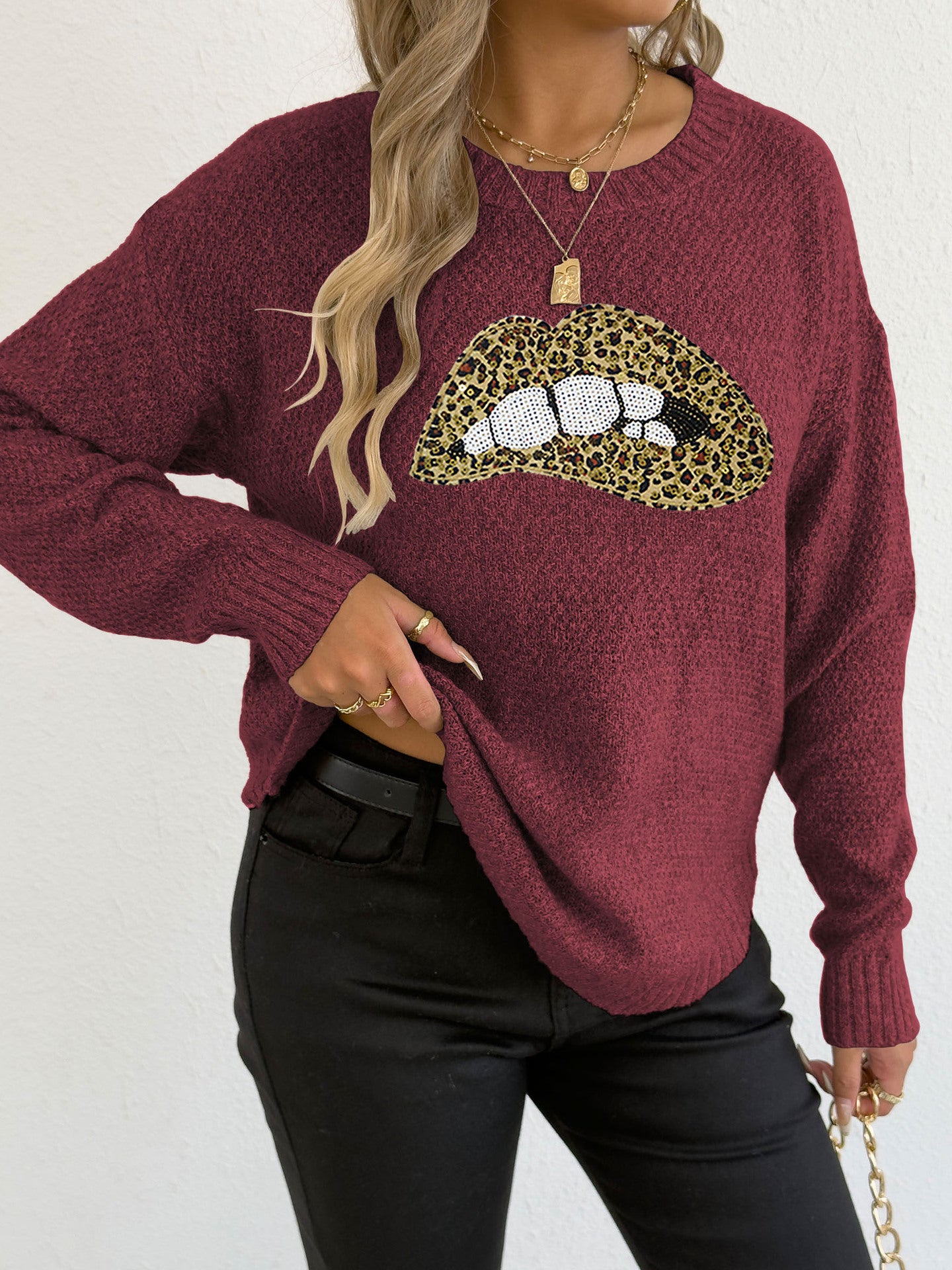 Female Leopard Print Embroidered Sequins Lips Personality Crew Neck Pullover Sweater