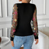 V-neck See-through Embroidery Stitching Long Sleeve T-shirt