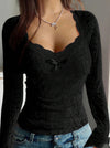 Top in pizzo romantico a maniche lunghe con fiocco