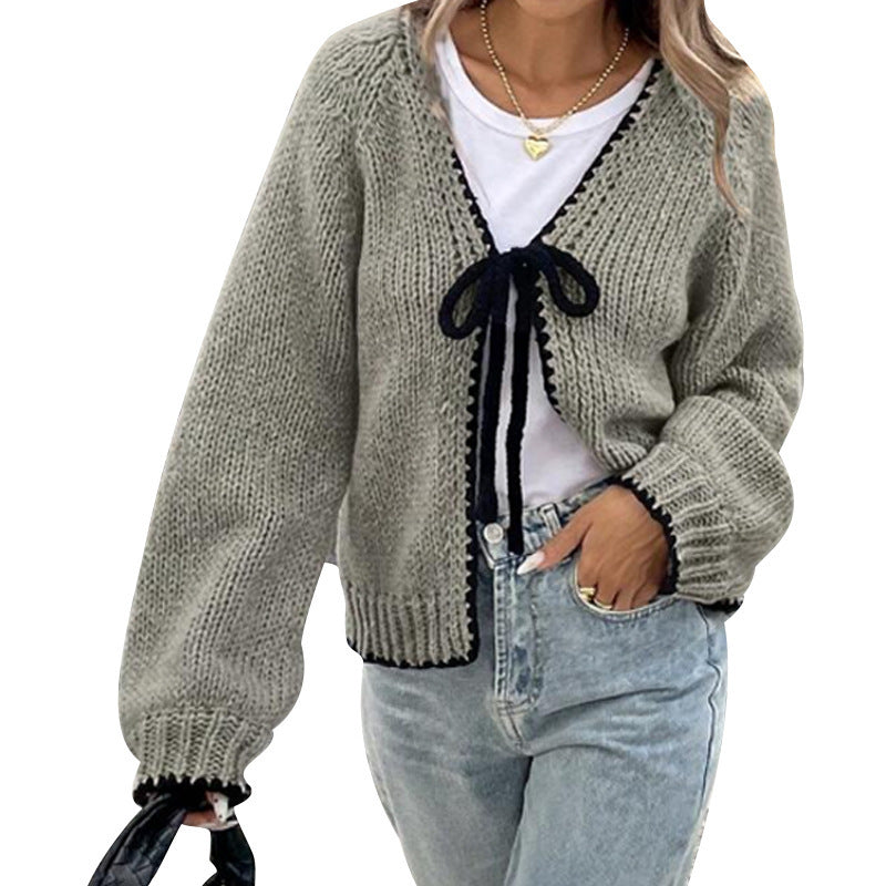 Lace-up Sweater Solid Color Loose Long Sleeves Jacket