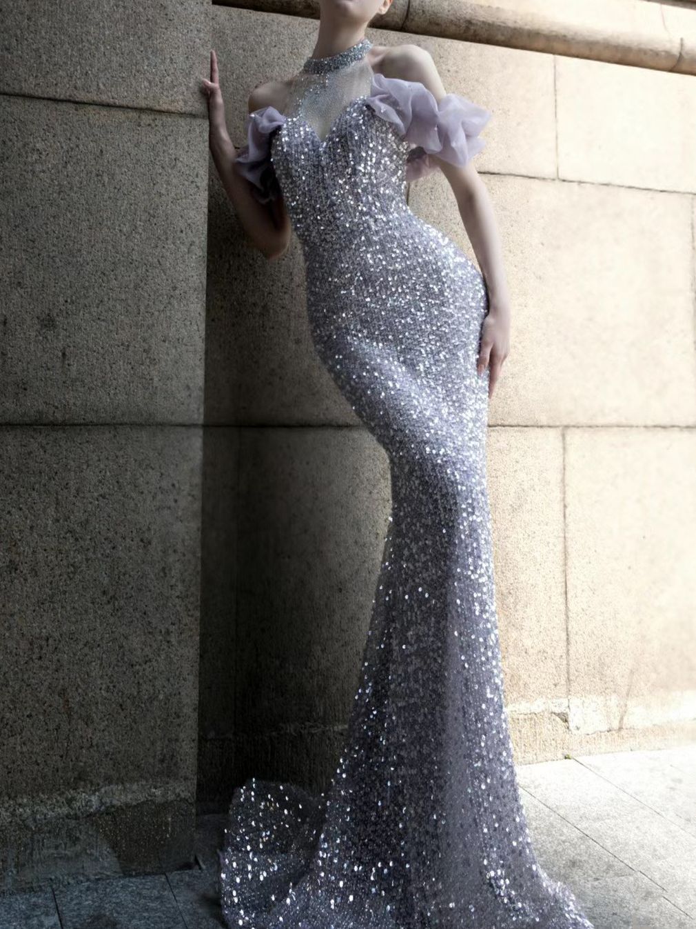 Vestito da sera con perline Purple Host Starry Sky Annual Meeting, modello a cavezza, da sfilata, a coda di sirena