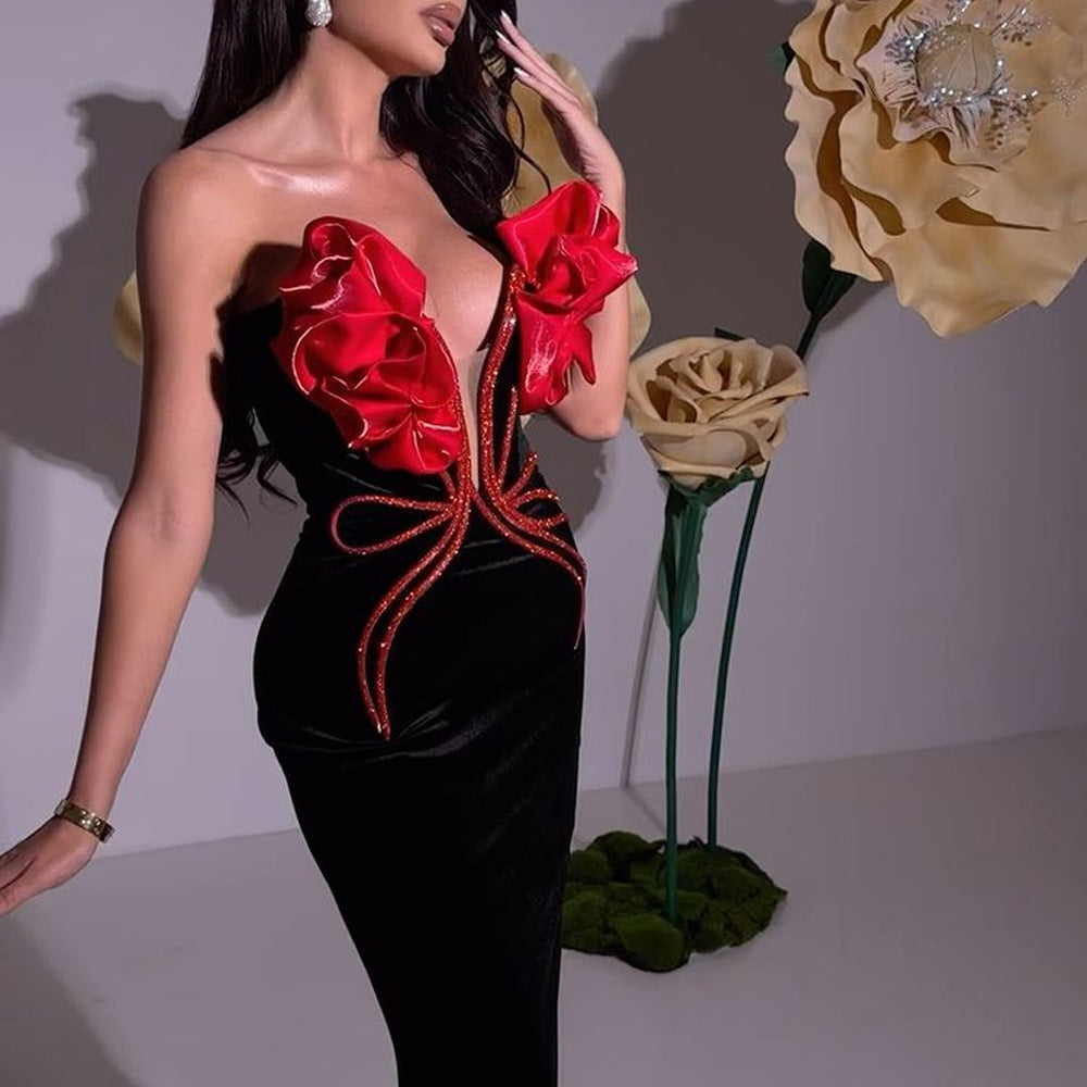 Abito da sera lungo senza spalline con catena di fiori, nuovo stile di moda europea e americana, temperamento da socialite