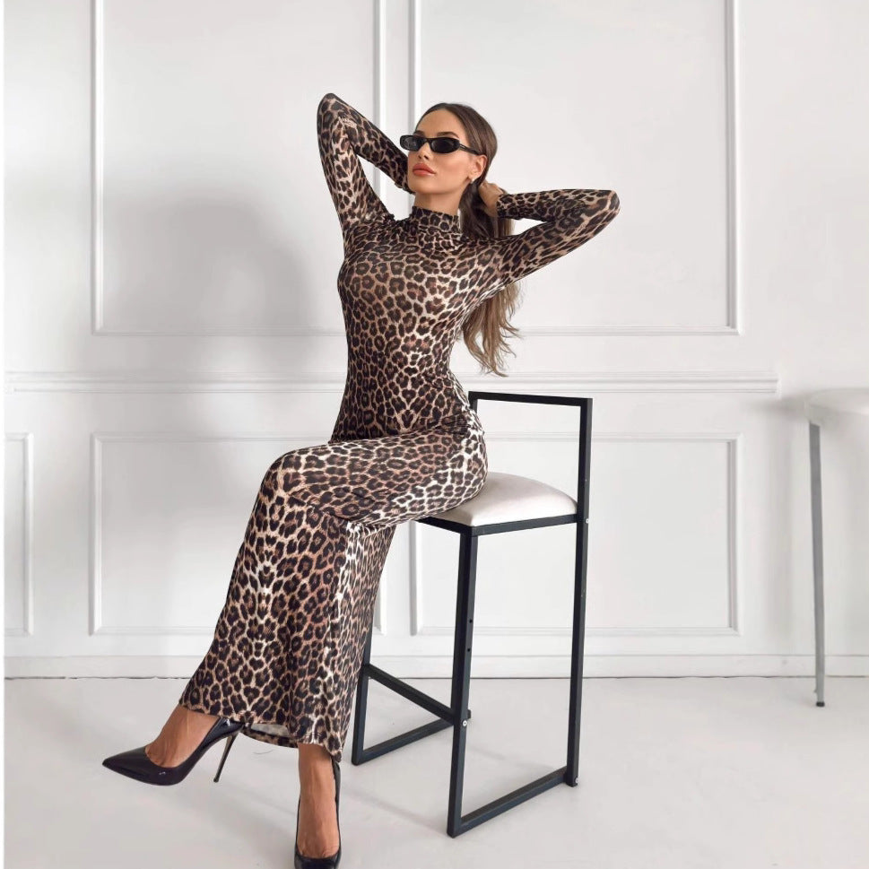 Fashion Leopard Print Stand Collar Long Sleeve Long Dress