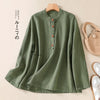 Spring And Autumn Artistic Stand-up Collar Color Matching Buckle Pullover Women's Cotton And Linen Shirt