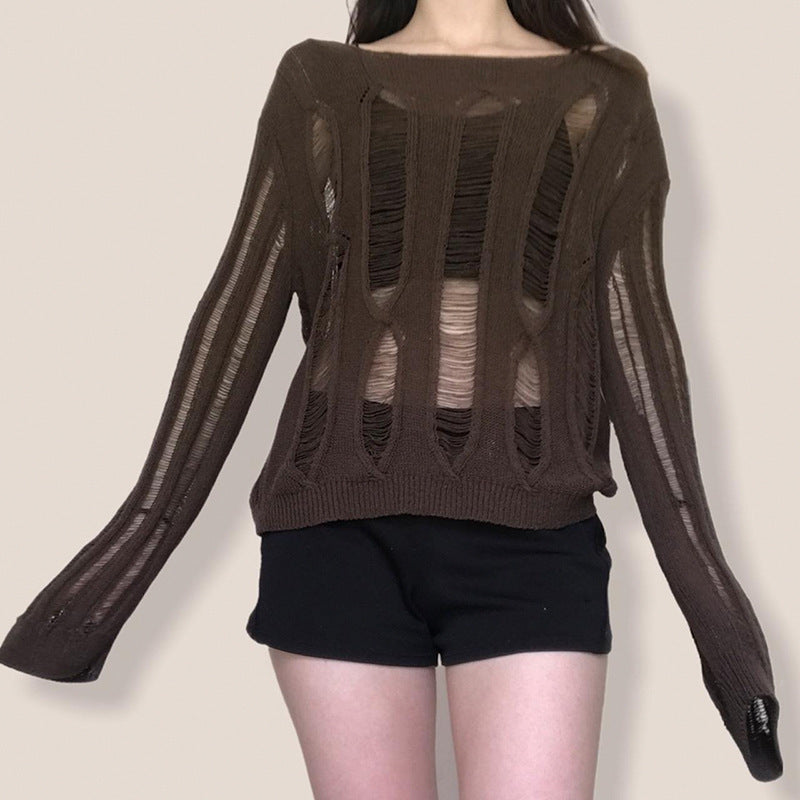 Maglione casual ampio con scollo rotondo e maniche lunghe traforate