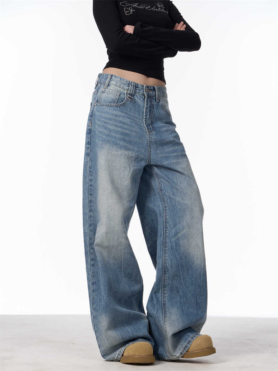 Retro Worn Looking Washed-out Jeans Women's Loose Straight Wide-leg Pants