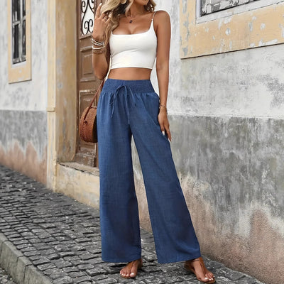 Womens Cotton-Linen Elastic-Waist Cropped Casual Pants