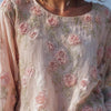 Top in lino ampio ricamato a rose, stile retrò bohémien