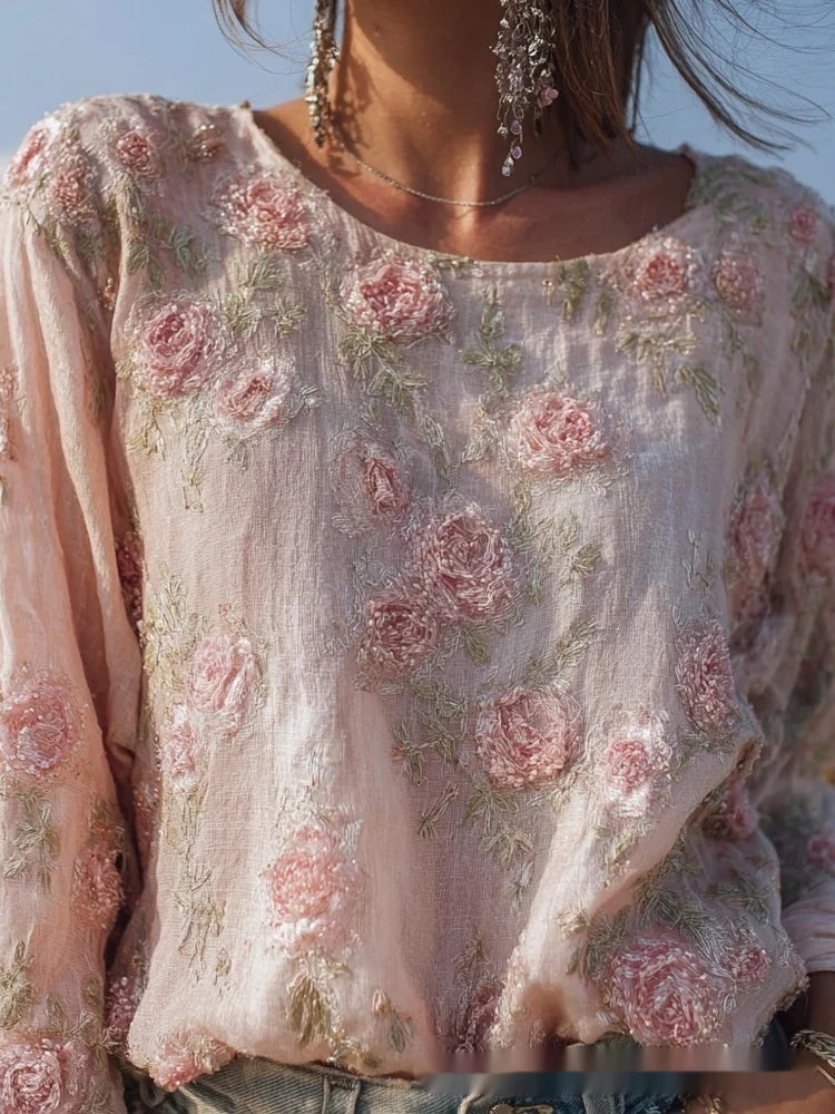 Top in lino ampio ricamato a rose, stile retrò bohémien