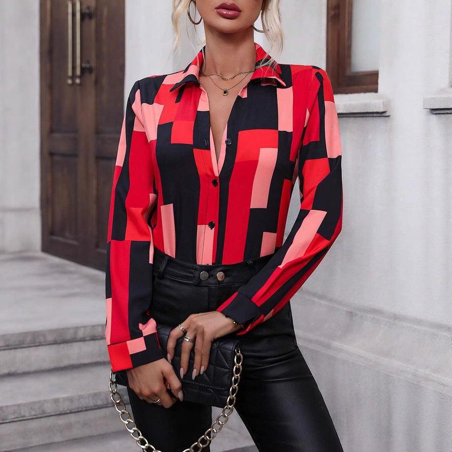 Blusa a maniche lunghe da donna versatile con stampa geometrica