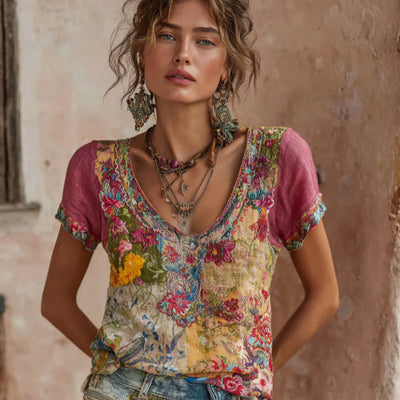 Printed Top  Women's Patchwork Round-neck Pullover Stylish T-shirt