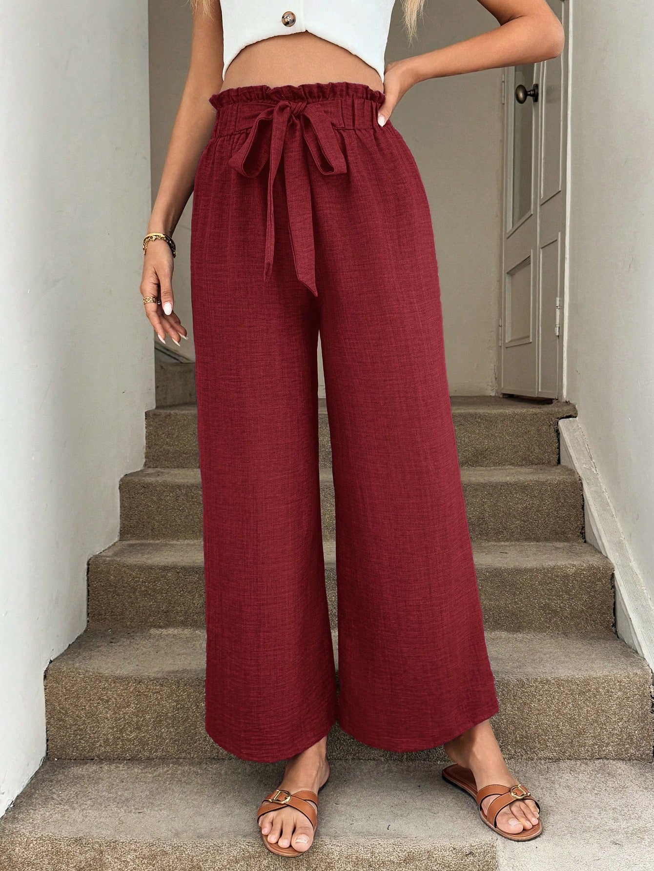 Pantaloni Larghi Casual da Resort con Fascia in Vita a Fiocco