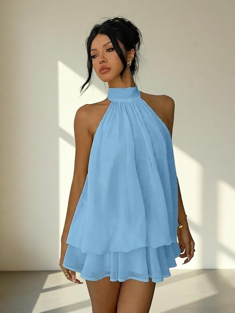 Chiffon Halter Tea Length Dress Sassy Skirt
