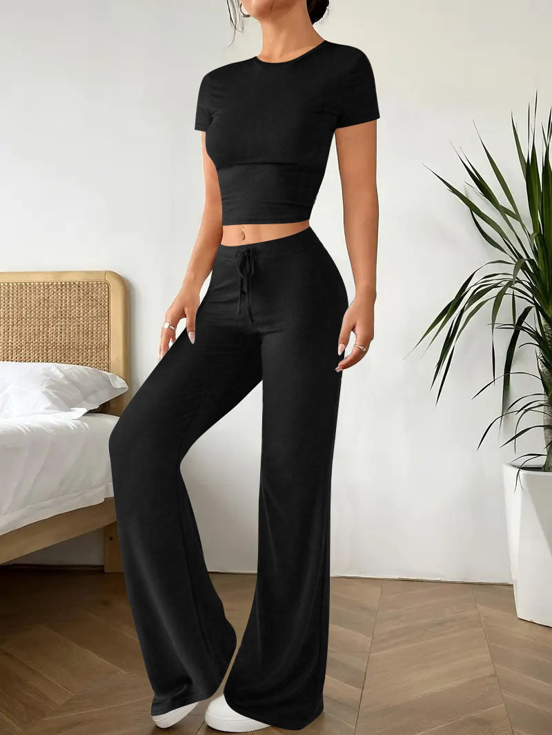 High Waist Pure Color Trousers Short Sleeve T-shirt Suit