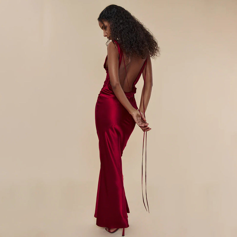 Abito lungo da sera da donna in pizzo con allacciatura, stile banchetto