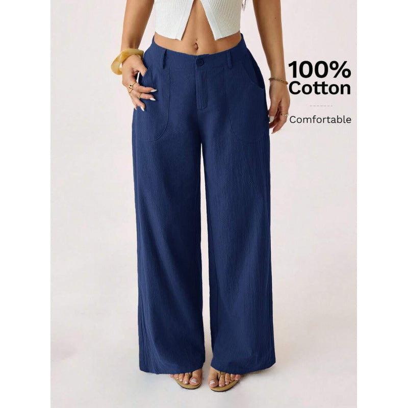 Nuovi pantaloni ampi da donna in misto cotone-lino a vita media, casual, per il pendolarismo