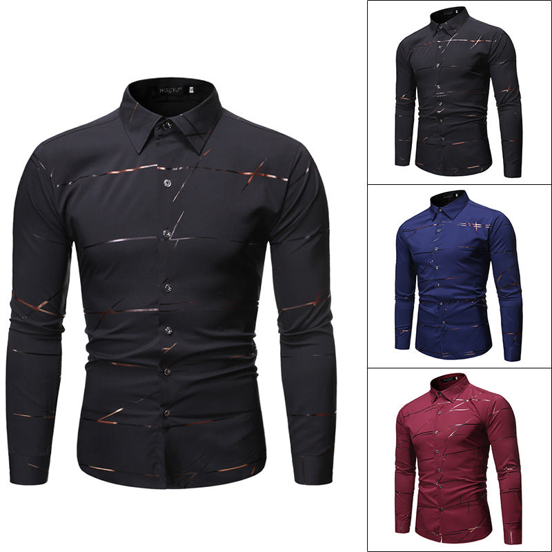 Camicia da uomo a maniche lunghe con stampa bronzata e colletto alla coreana modello Henry