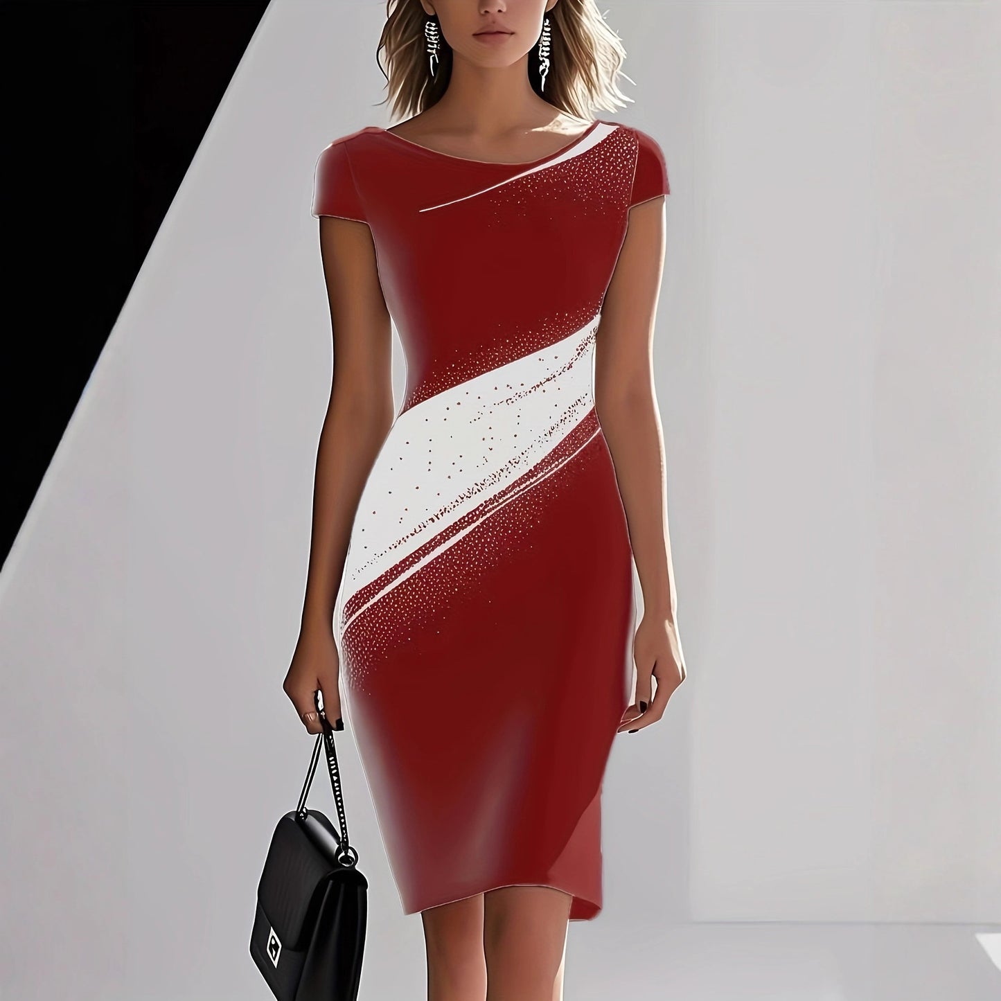 Elegant Black-and-white Contrast Long-sleeve Slim-fit Midi Dress