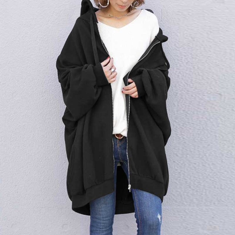 Women's Solid Color European And American Loose Sweater Fashion Hooded Zipper