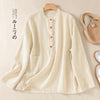 Spring And Autumn Artistic Stand-up Collar Color Matching Buckle Pullover Women's Cotton And Linen Shirt
