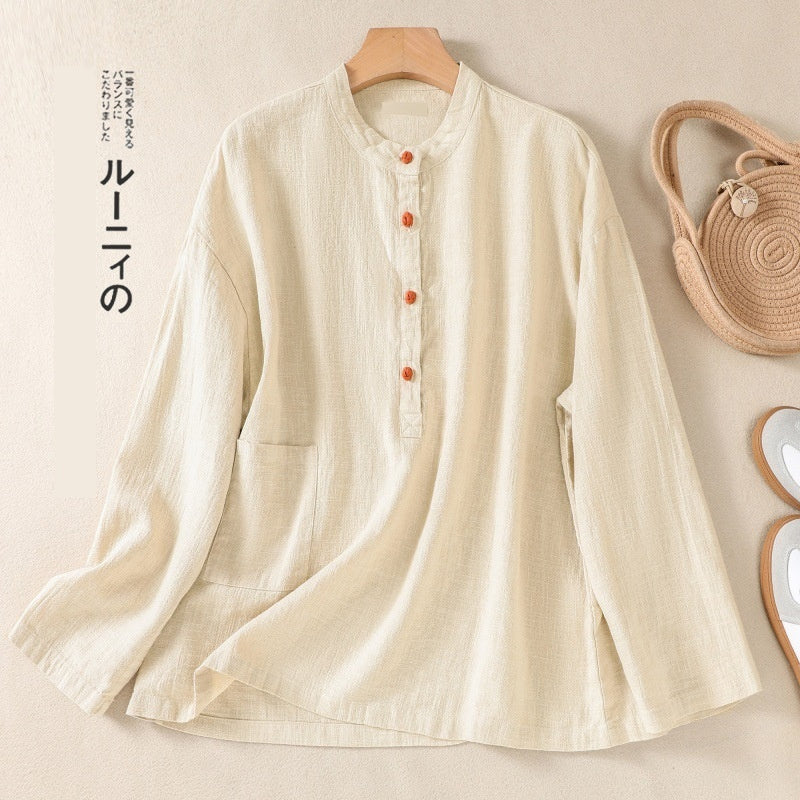 Spring And Autumn Artistic Stand-up Collar Color Matching Buckle Pullover Women's Cotton And Linen Shirt