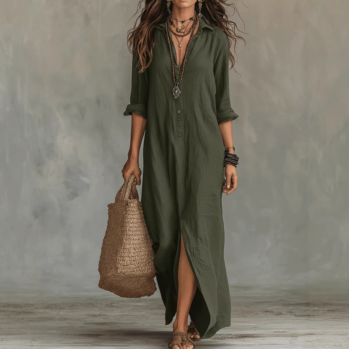 Casual Solid-color Lapel-front Slit Maxi Dress