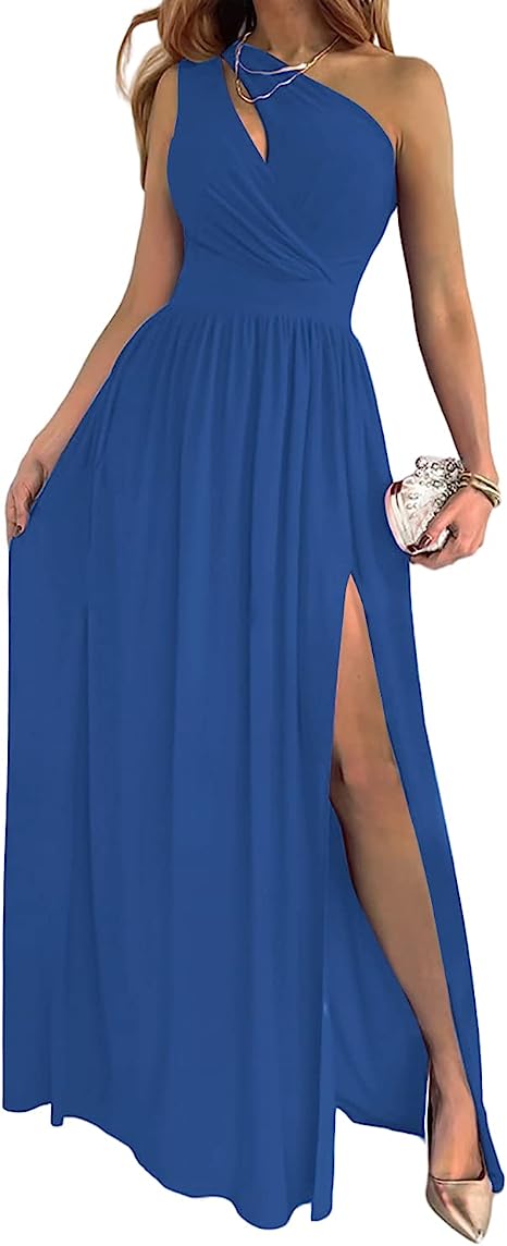 Abito lungo da cocktail da donna, elegante, sexy, monospalla, con spacco alto e cut-out, senza maniche