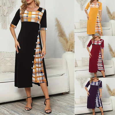 Round Neck Contrast Color Half Sleeve Irregular Long Dress