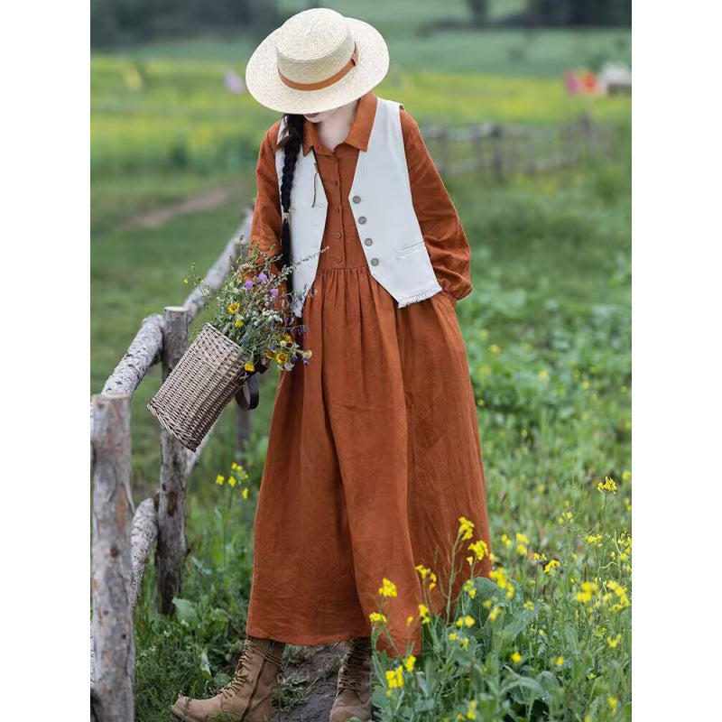 Gonna artistica in lino tinta unita autunnale da donna