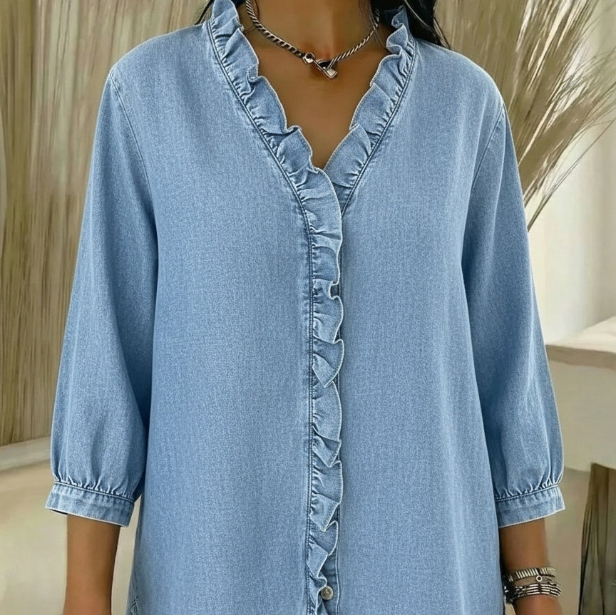 Camicia da donna casual con scollo a V e balze in stile denim