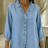 Camicia da donna casual con scollo a V e balze in stile denim