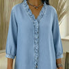 Camicia da donna casual con scollo a V e balze in stile denim