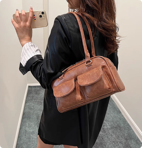 Borsa da bowling in pelle cerata e olio, borsa ascellare di nicchia coreana