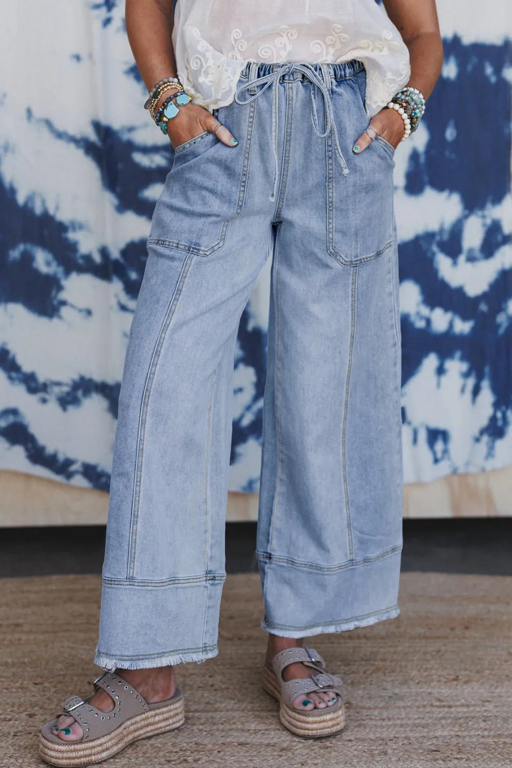 Pantaloni in denim a gamba larga con coulisse e cuciture a vista Beau Blue