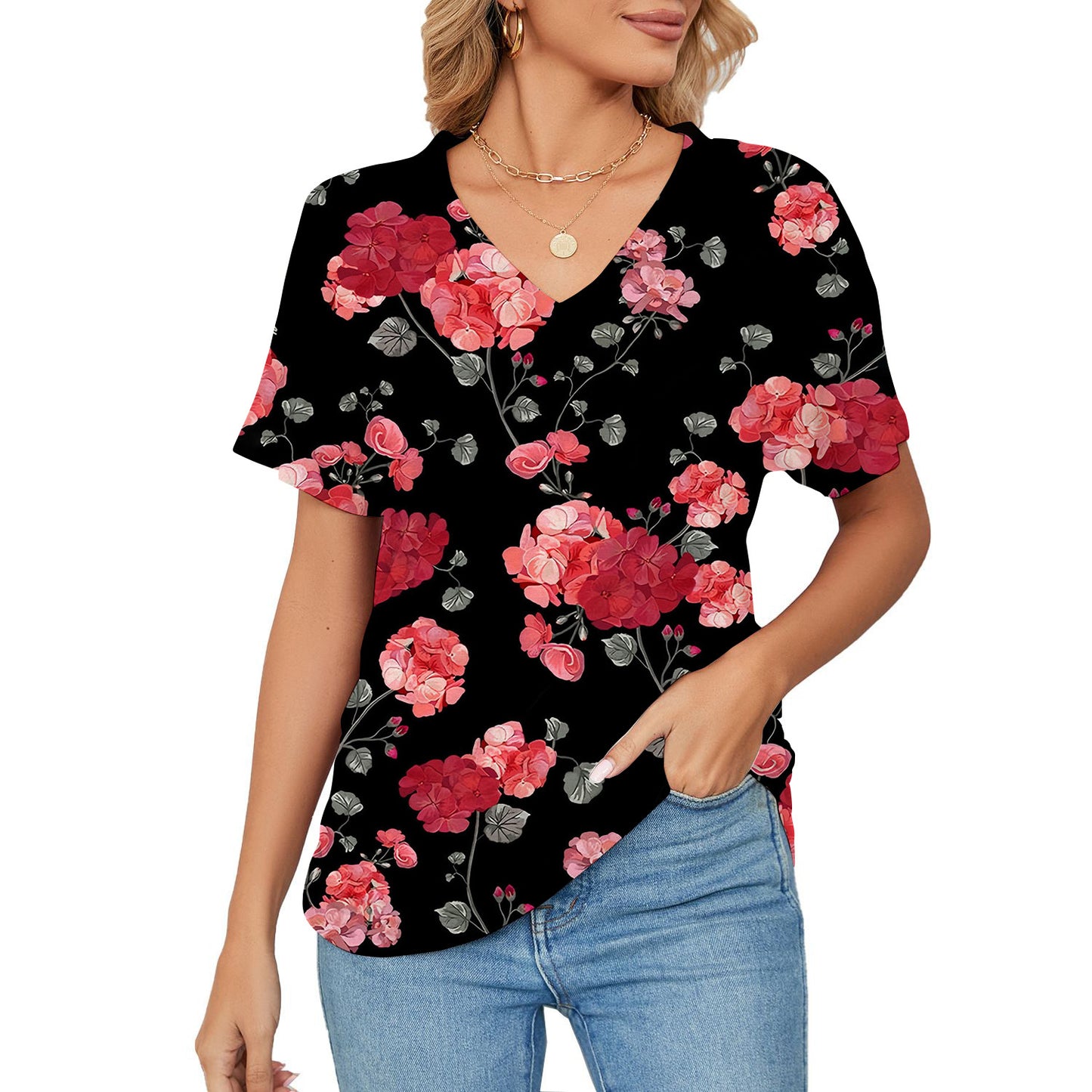 T-shirt da donna, stampa floreale e botanica, maniche corte scollo a V casual