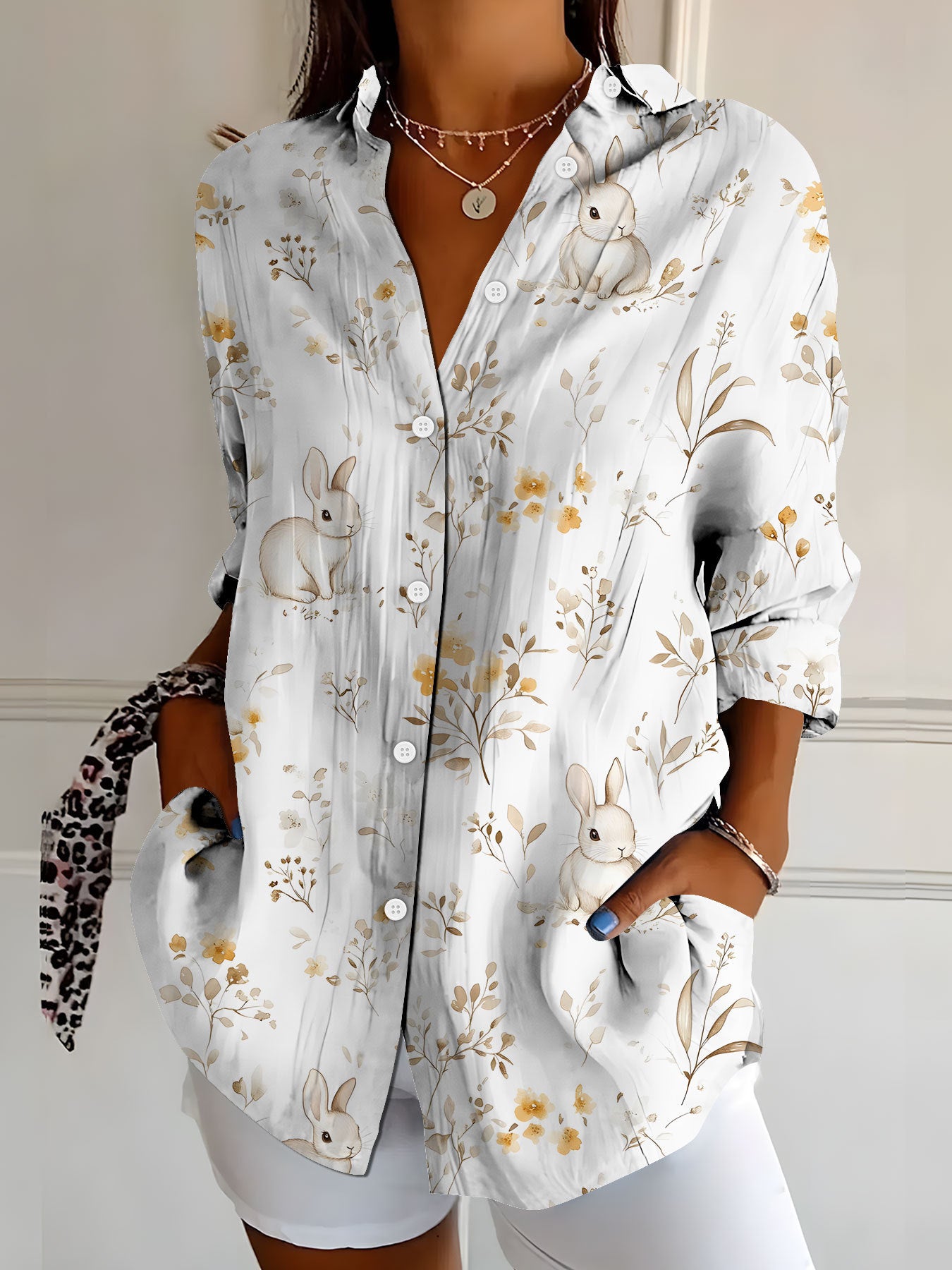 Camicia da donna a maniche lunghe, stampa floreale retrò ed elegante