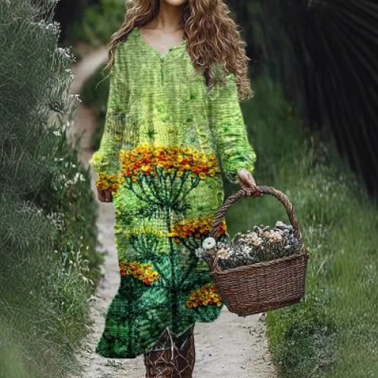 Vintage Printed V-neck Multi-color Long Sleeve Dress