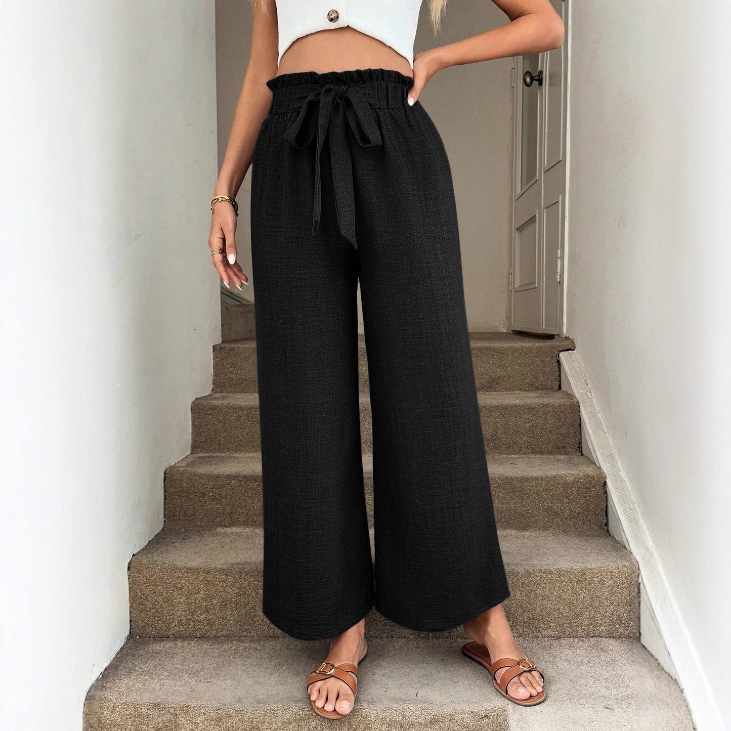 Pantaloni Larghi Casual da Resort con Fascia in Vita a Fiocco