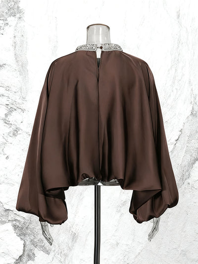 Round Neck Rhinestone Loose Solid Color Pullover Shirt