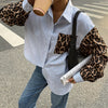 Nuovo top camicia patchwork con stampa leopardata dalla vestibilità morbida