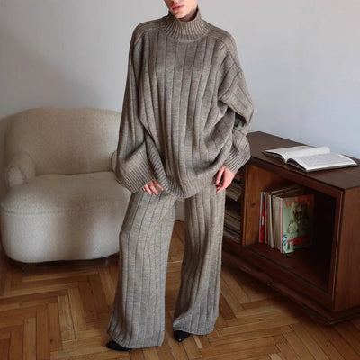 Elegant Solid Color Vertical Stripe Sweater Wide Leg Pants Two-piece Set
