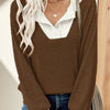 Women's Color Matching Casual Loose Shoulder Long-sleeved Top