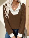 Women's Color Matching Casual Loose Shoulder Long-sleeved Top
