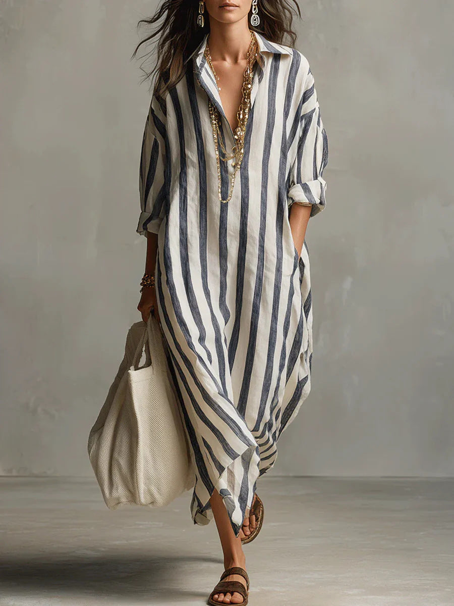 Loose V-neck Long Striped Shirt Dress