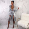 Deep V-neck Shiny Lace-up Long-sleeved Sexy Split Fringe Dress