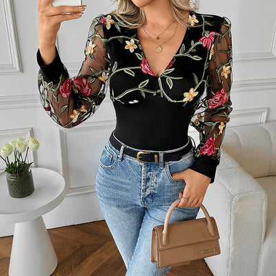 V-neck See-through Embroidery Stitching Long Sleeve T-shirt