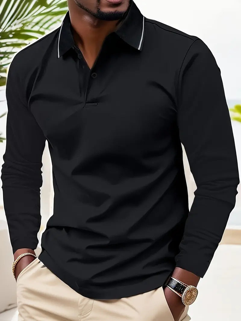 Autumn Men's Lapel Golf Casual Sports Contrast Color Long Sleeves Top