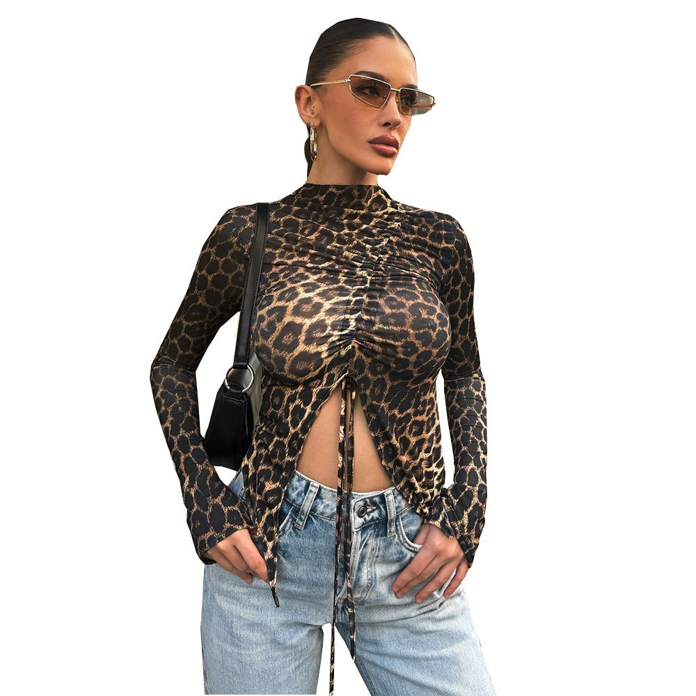 Camicia a maniche lunghe attillata versatile con coulisse e stampa leopardata da donna