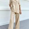 Casual Cotton-Linen Solid-Color Mid-Sleeve V-Neck Top And Straight-Cut Casual Pants Set