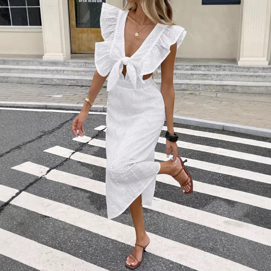 French-style Vintage Chic Hollow-out Ruffled Dress